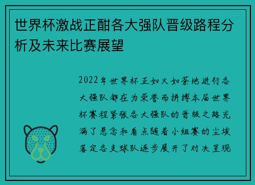 世界杯激战正酣各大强队晋级路程分析及未来比赛展望 世界杯激战正酣各大强队晋级路程分析及未来比赛展望